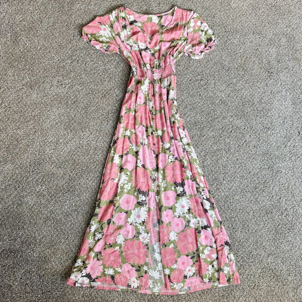 Pink and White Smocked Ruffled Maxi Dress